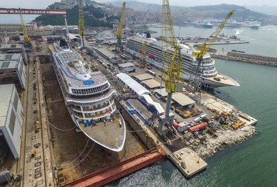 The sixth ocean ship from Viking, the 930-guest Viking Jupiter, is “floated out” on May 10 at Fincantieri's Ancona shipyard next to her sister ship, Viking Orion (right), which will launch next month. Viking Jupiter will debut in early 2019, with maiden voyages to the Mediterranean and Northern Europe. Visit www.vikingcruises.com for more information.