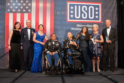 (Left to right): Mrs. Ricki Selva and her husband General Paul Selva, Vice-Chairman of the Joint Chiefs of Staff; service members and their spouses; Mrs. Sally Thornberry, recipient of the USO-Metro’s 2018 Patriot Award and wife of Congressman Mac Thornberry, Chairman of the House Armed Services Committee.