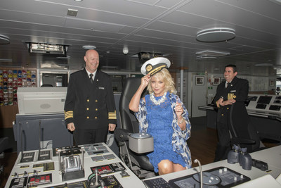 Seabourn Ovation godmother Elaine Paige gets a special bridge tour from the ship's Captain, Stig Betten (left), and Staff Captain, Stefan Tsvetkov. Ovation was christened in front of Seabourn guests in Valletta, Malta today during a ceremony held on the ship during its inaugural voyage, which departed Venice, Italy on May 5.