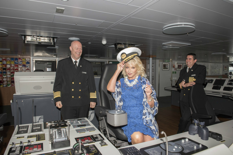 Seabourn Ovation godmother Elaine Paige gets a special bridge tour from the ship’s Captain, Stig Betten (left), and Staff Captain, Stefan Tsvetkov. Ovation was christened in front of Seabourn guests in Valletta, Malta today during a ceremony held on the ship during its inaugural voyage, which departed Venice, Italy on May 5.