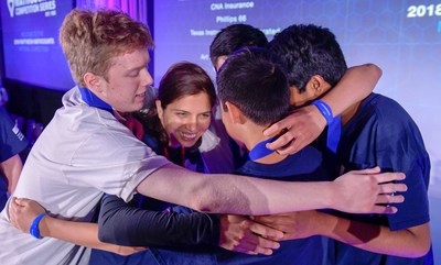 The Texas team hugs their coach after winning first place in the team competition for the third consecutive year at Raytheon MATHCOUNTS® National Competition in Washington, D.C.