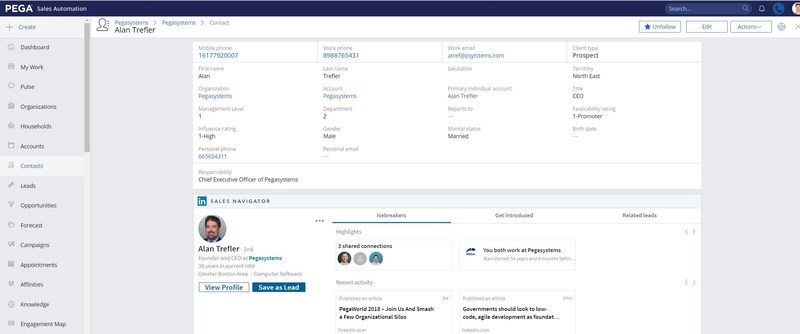 This screenshot shows how Pega Sales Automation users can leverage capabilities of LinkedIn directly in the Pega software to quickly and conveniently connect with prospects on the predominant networking community.
