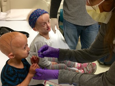 Zoey (L) and Carly (R) receive lonafarnib through their participation in ongoing clinical trials studying Progeria at Boston Children’s Hospital, funded by The Progeria Research Foundation. 

2016 photo, courtesy of The Progeria Research Foundation; www.progeriaresearch.org
