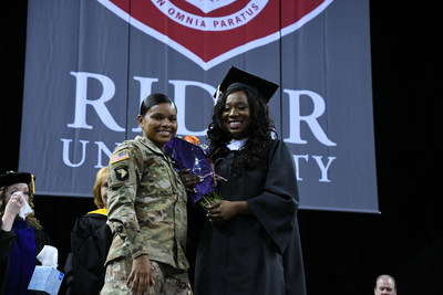 Thousands of friends, family, faculty and staff at Rider University's commencement ceremony witnessed a special surprise reunion between when graduate Tyshae Smith was surprised by her sister Shamera Smith who returned home after being deployed in Iraq for the past 10 months.