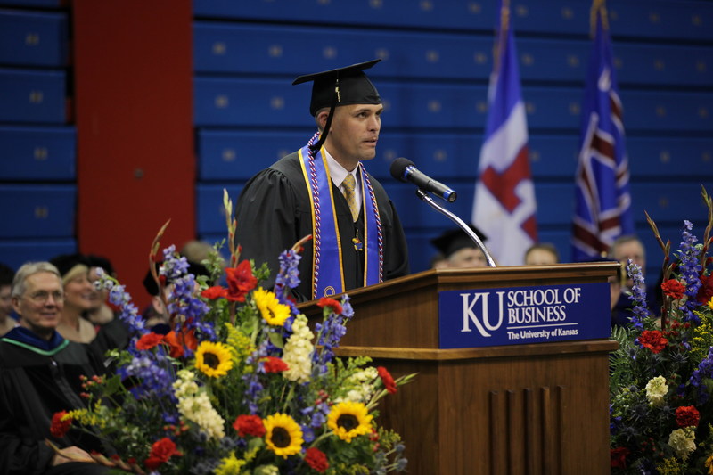 Sam Diehl addresses his School of Business graduating class during the graduation recognition ceremony on May 11 at Allen Fieldhouse in Lawrence, Kansas.