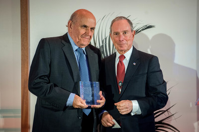 Michael R. Bloomberg, founder of Bloomberg LP and Bloomberg Philanthropies, and three-term mayor of New York City, presents Cities of Service Engaged Cities Award to Maurice Armitage Cadavid, Mayor of Santiago de Cali, Colombia