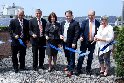 Pictured left to right: Vice Presidents John Palumbo, Jim Sheridan and Carol Cala of Lockheed Martin join Doug Bagwill and Wayne Pfisterer of Pfister Energy along with Moorestown Mayor, Stacey Jordan cutting the ribbon on Lockheed Martin’s largest solar field located in Moorestown, N.J. on May 14, 2018.