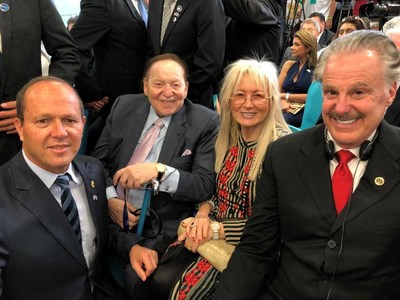 Dr. Mike Evans, the founder of the Friends of Zion, attending the Embassy Dedication Ceremony with Mayor of Jerusalem Nir Barkat as well as with Mr. Sheldon Adelson and Dr. Miriam Adelson.