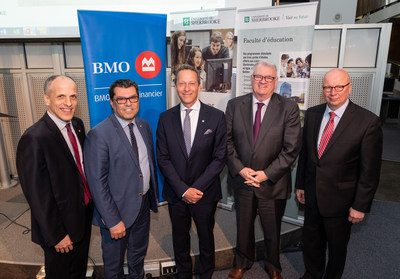 From left to right : Pierre Cossette (recteur de l’UdeS), Serge Striganuk (doyen de la Faculté d’éducation de l’UdeS), Luc Blanchard (conseiller principal en gestion de patrimoine et premier vice-président de BMO Nesbitt Burns), Normand Legault (président de la campagne majeure de l’UdeS) et Luc R. Borduas (président de la Fondation de l’UdeS).
Photo : UdeS – Michel Caron (CNW Group/Université de Sherbrooke)