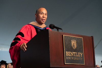 Former Massachusetts Governor Deval Patrick challenged graduates at Bentley University’s undergraduate commencement ceremony to be a voice for others and “seek purpose not prestige” at this time in history when “the world around us is in turmoil.