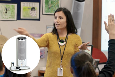 A Woodbury Elementary School teacher amplifies her voice and equally reaches all students using Juno Classroom Audio, including its Smart Microphone, to lead class discussions. Inset photo: FrontRow's new Juno Classroom Audio System (model ITR-02), which has been updated with improved frequency response, a new user interface, and a new look.