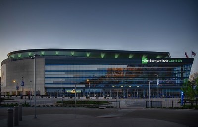 An exterior rendering of Enterprise Center, the home of the St. Louis Blues hockey club.