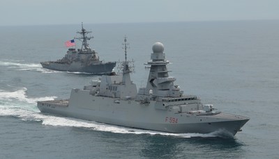 The ITS Alpino receives an escort into Norfolk from the USS Gonzales
