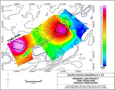 Figure 1. TOM2 and T2T Ground TDEM Anomalies (CNW Group/Murchison Minerals Ltd.)