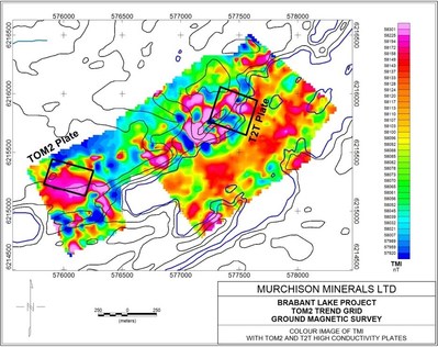 Figure 2. TOM2 and T2T Ground Magnetic Anomalies (CNW Group/Murchison Minerals Ltd.)