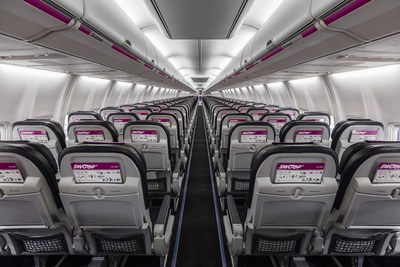 With 189 seats - including 39 extra legroom seats offering an additional 4-6 inches of space - the aircraft interior features pop of colour accents like embossed leather headrest covers, and bullnose strips. (CNW Group/Swoop)