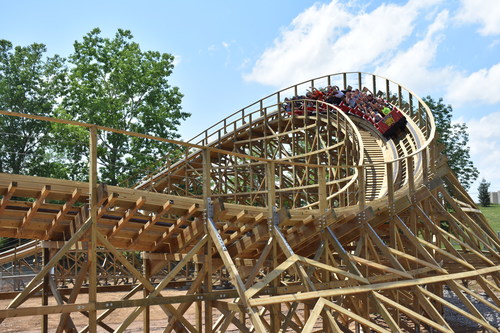 Timber Wolf, Worlds of Fun's iconic roller coaster, sports a new 70 degree banked turn for an intense high-speed finale.
