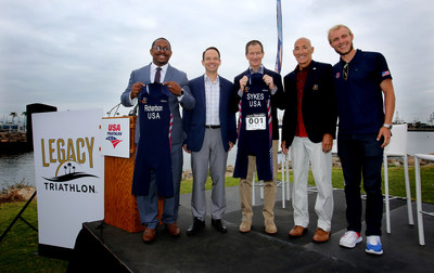 L-R: Long Beach Vice Mayor Rex Richardson, USA Triathlon CEO Rocky Harris, LA 2028 CEO Gene Sykes, USA Triathlon Board President Barry Siff, and 2016 U.S. Olympic triathlete Ben Kanute announce the Legacy Triathlon in Long Beach, California.