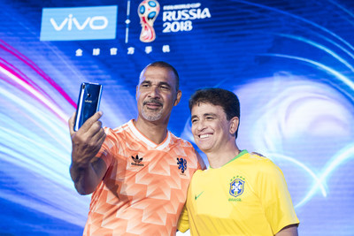 Former Dutch International Balon d\'or winner Ruud Gullit and FIFA World Cup 1994 Winner Bebeto take a selfie with the FIFA World Cup 2018 V9 Blue Limited Edition