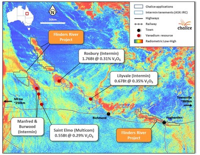 Figure 2- Uranium Radiometric Imagery over tenement areas (CNW Group/Chalice Gold Mines Limited)