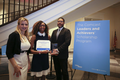 Stephanie Kosta, Comcast Regional Vice President of Government and Regulatory Affairs; Morgan Bacon, 2018 Comcast Founders Scholarship recipient from Julia R. Masterman Laboratory and Demonstration School; and Otis Hackney, Chief Education Officer, City of Philadelphia.