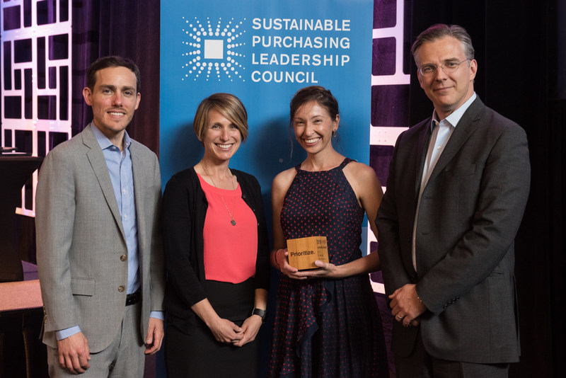 My Green Lab receives SPLC Public Interest Advocacy Leadership Award for the development of the ACT ecolabel. Allison Paradise, Executive Director of My Green Lab (second from right) accepts the award from Sam Hummel, CEO of SPLC (left), Johanna Kertesz, Sustainable Procurement Program Coordinator for the Minnesota Pollution Control Agency, and Jason Pearson, Founding President of SPLC (right). Photo credit: Jo Julia Photography