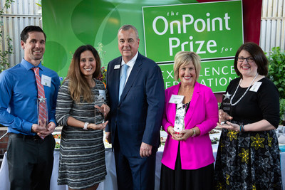 OnPoint Prize Educators of the Year and Finalists celebrate with OnPoint President/CEO, Rob Stuart. From Left to Right: Lucas Houck, Sandra Moreno, Rob Stuart, Janine Kirstein, Holly Neill.