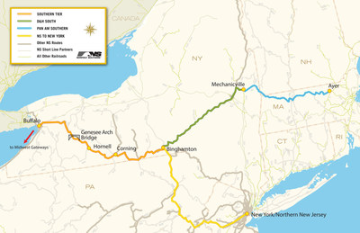 Locator map for Genesee Arch Bridge, which is located on Norfolk Southern's Southern Tier Line between Buffalo and Binghamton. The line offers Norfolk Southern rail customers connections from the Midwest to New England.