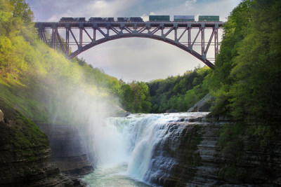 An eastbound Norfolk Southern intermodal train travels across the Genesee Arch Bridge, which spans the Genesee River Gorge in Letchworth State Park. Photo courtesy of John Kucko Digital.