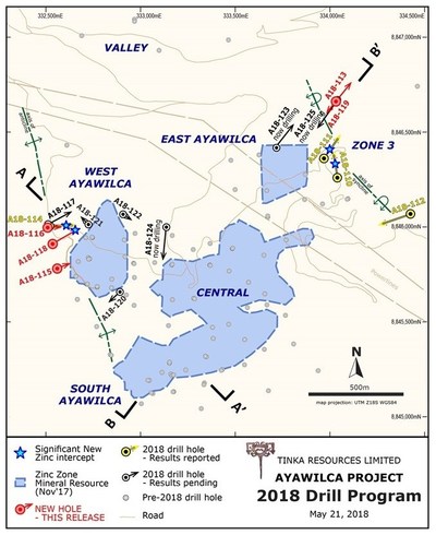 Figure 1.  Ayawilca drill hole location map highlighting 2018 drill holes & known zinc resources (CNW Group/Tinka Resources Limited)