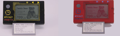 Real Time Clock prototype based on monochrome high contrast, high resolution, video speed and low power electrowetting display (Left: Black; Right: Red)