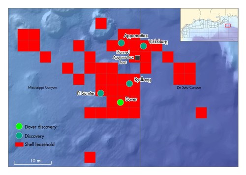 Map showing the location of Shell's Dover discovery and its proximity to Shell's new Appomattox host in the U.S. Gulf of Mexico .