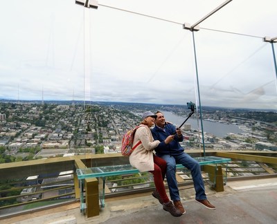 First guests to experience the Space Needle's newly installed Skyrisers, located 520 feet in the air. (PRNewsfoto/Space Needle)