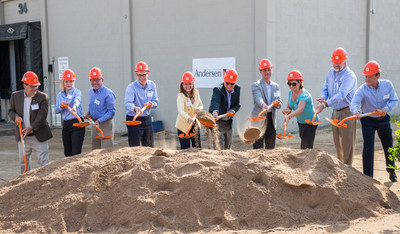 Andersen Corporation broke ground today on a $40 million expansion of its manufacturing campus in Bayport, Minn. Groundbreaking participants include (l-r): Washington County Commissioner Kriesel, Andersen Director of Sustainability Eliza Clark, Bayport Commissioner Triplett, Andersen Senior VP Chris Galvin, Bayport Mayor Susan St. Ores, Andersen Chairman and CEO Jay Lund, Bayport Councilmembers McGann and Hanson; Andersen VP Scott Koenig, and Tim Reimann of McGough Construction.