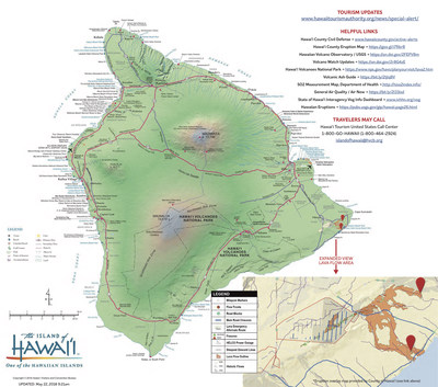 Map of the island of Hawaii with an updated view of the current lava flow area.