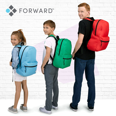 The new Forward™ backpack line from DollarDays comes in three sizes - 15”, 17” and 19”, perfect for children attending elementary to college and can be purchased in assortments of eight and twelve trendy colors.