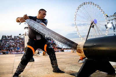 The reigning World Champion Jason Wynyard from New Zealand, here at the Single Buck, lost against Stirling Hart in the final. (PRNewsfoto/Stihl TIMBERSPORTS Series)
