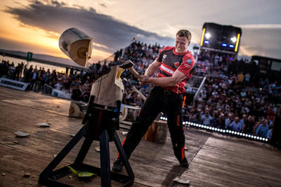 Canadian Stirling Hart performs the Standing Block Chop at the 2018 STIHL TIMBERSPORTS Champions Trophy competition in Marseilles, France on May 26, 2018. (CNW Group/STIHL TIMBERSPORTS)