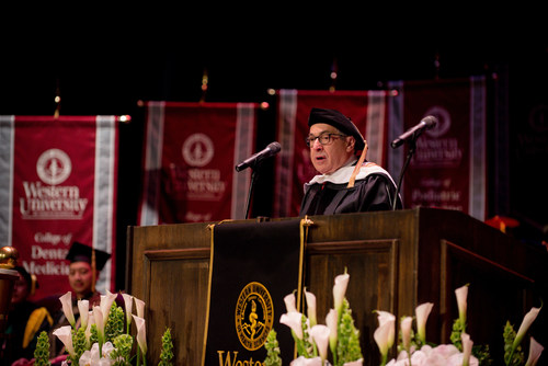Western University of Health Sciences College of Dental Medicine and the College of Pharmacy Commencement ceremony keynote speaker Stanley M. Bergman, Chairman of the Board and CEO of Henry Schein, Inc. Photo credit: Jeff Malet, Western University