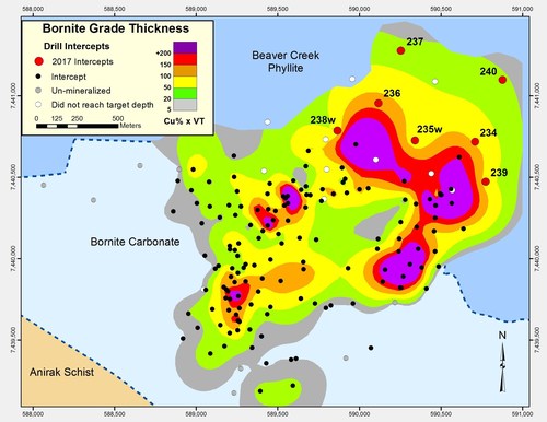 Figure 1 – MAP SHOWING GRADE X THICKNESS OF MINERALIZED INTERSECTIONS USING A 0.3% Cu CUT-OFF GRADE (CNW Group/Trilogy Metals Inc.)