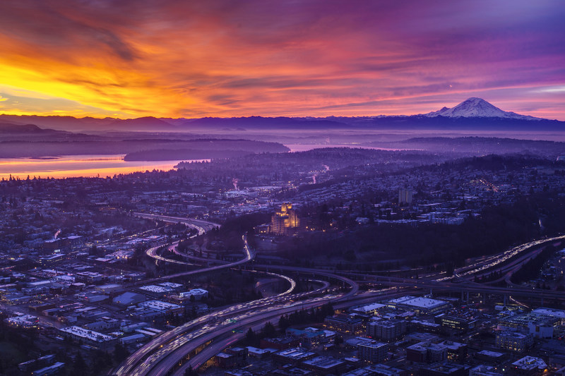 Picturesque view of Seattle's Mount Rainier from the top of Sky View Observatory.