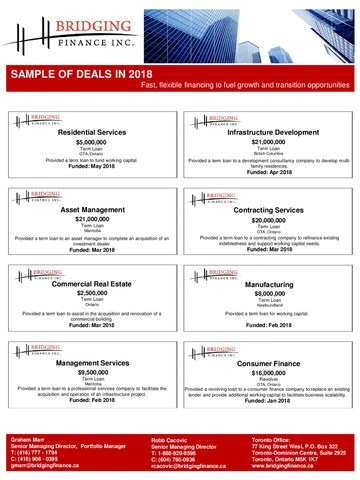 Sample of 2018 Deals (CNW Group/Bridging Finance Inc.)