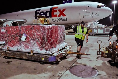 International Medical Corps medical shelters and other lifesaving relief supplies bound for the Ebola response effort in the Democratic Republic of the Congo readied for shipment at the FedEx Memphis World Hub on May 30, 2018. (Photo credit: J.B. Pittman Visuals)