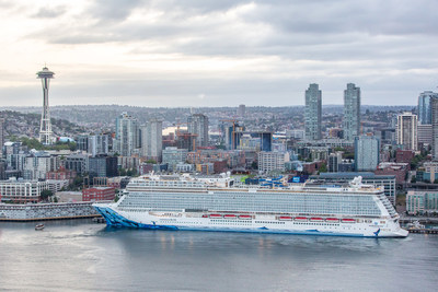 The Norwegian Bliss arrives at Bell Street Pier Cruise Terminal on it's maiden voyage to Seattle, 30 May 2018.  Norwegian Bliss is the largest cruise vessel on the west coast and was built especially for the Alaska cruise market.