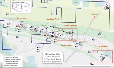 Figure 1- East Cadillac Gold Project showing diamond drilling locations and assaying progress to 25 May 2018 (CNW Group/Chalice Gold Mines Limited)