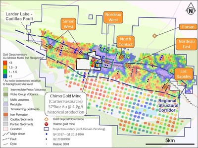 Figure 6- East Cadillac Gold Project MMI Geochemistry (2017) (CNW Group/Chalice Gold Mines Limited)