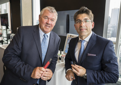 Chris Proctor, Chief Scientific Officer of British American Tobacco (BAT), left, joins Jorge Araya, President and CEO of Imperial Tobacco Canada, subsidiary of BAT, right, at a public event in Toronto, Thursday, May 31, 2018, to introduce the company’s vision of transforming tobacco and announce a national roll-out of Vype vaping products, potentially less risky alternatives to combustible cigarettes now available in Canada. (CNW Group/Imperial Tobacco Canada)