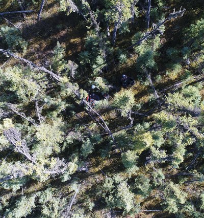 Drone image of Explor PinPoint team acquiring Ultra High Density 3D seismic data in the boreal forest, oil sands region.  Photo Credit: Explor (CNW Group/Explor)