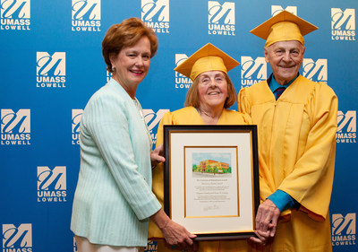 (L-R) UMass Lowell Chancellor Jacqueline Moloney presents Honorary Alumni Award to Virginia Comley and James F. Comley (Photo by Gail Oskin/Getty Images for Stellar PR)