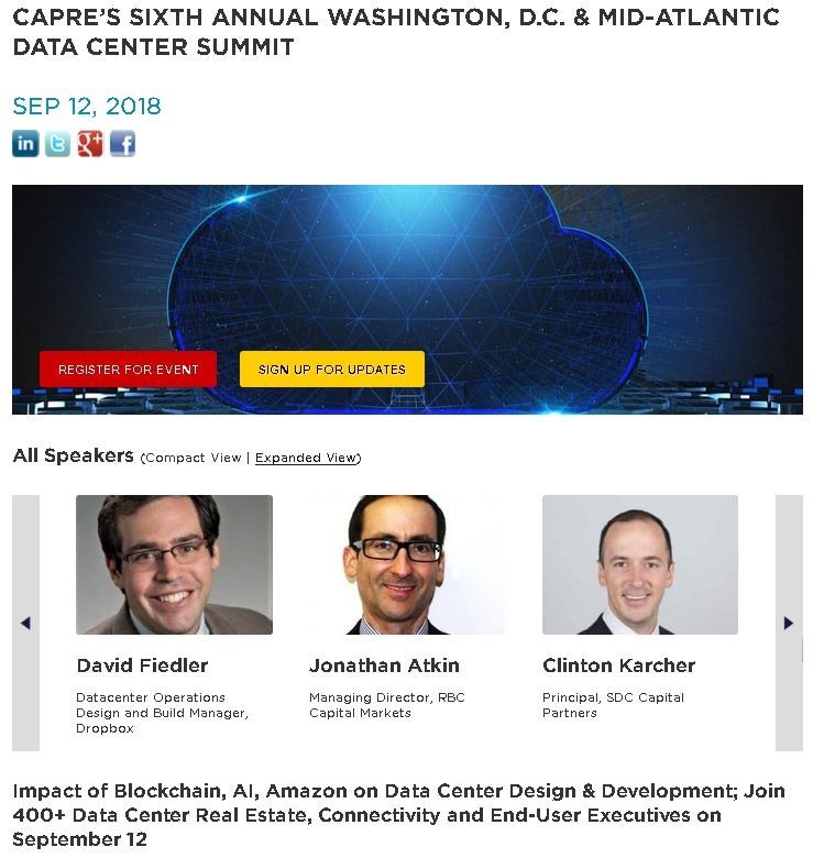 Registration is Open for CapRate's 6th Annual Washington, D.C. & Mid-Atlantic Data Center Summit on September 12. Join 500+ data center real estate and technology infrastructures executives for important industry discussion, debate and networking.